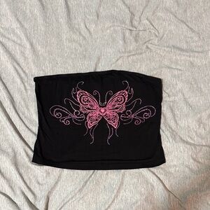 Y2K SHEIN Black Tube Top with Pink Butterfly Accent with gemstones.